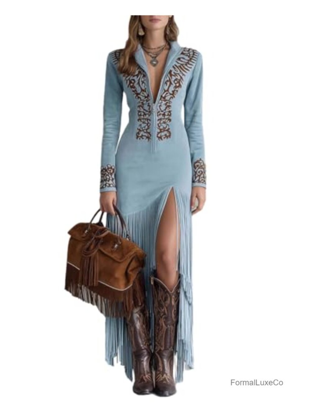 Women's Vintage Faux Suede Western Maxi Dress Fringe Half Zip
